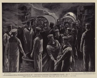 Die Marine-Manöver, das Laden der großen Kanonen an Bord eines Kreuzers